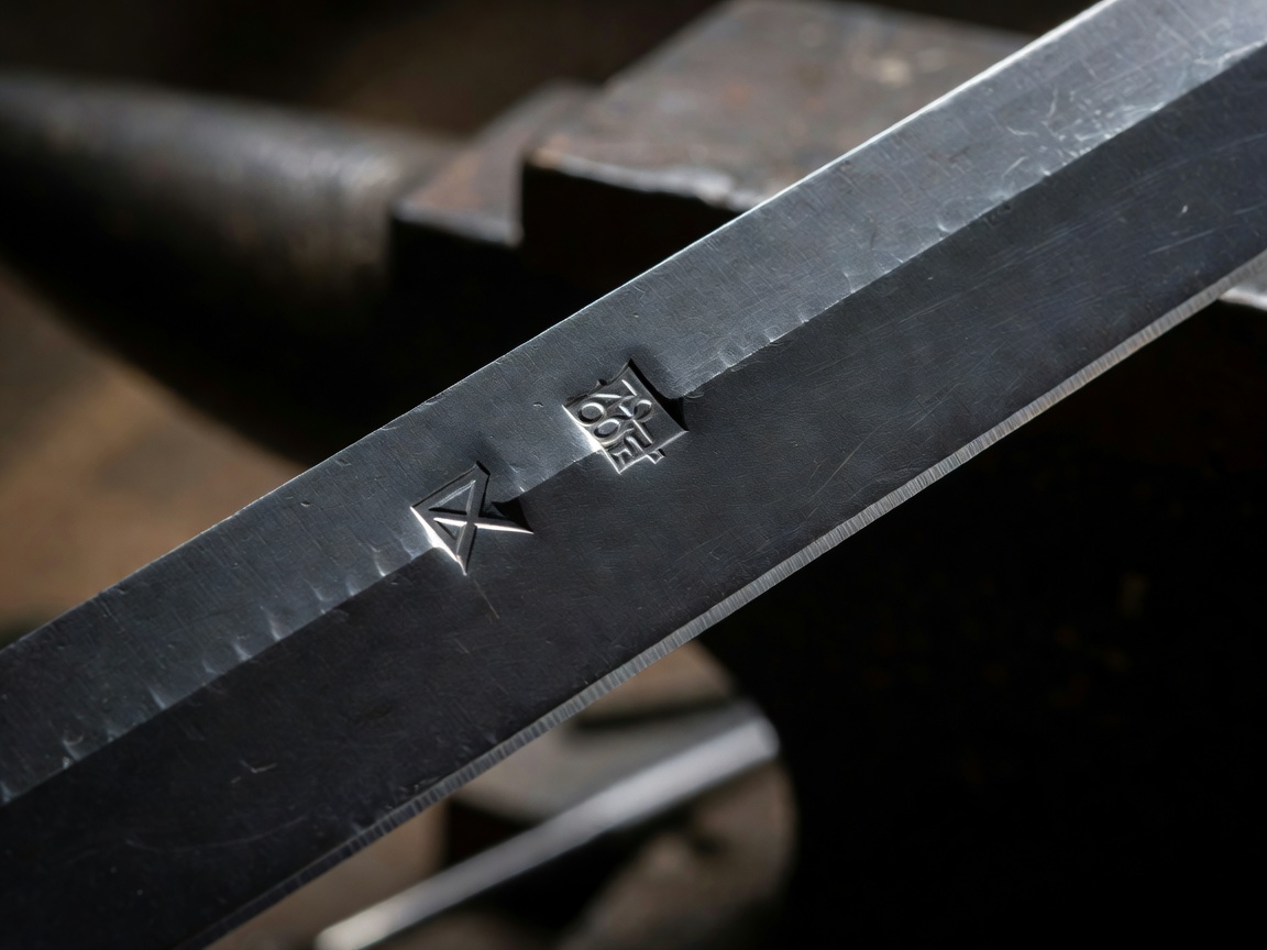 Detail of a hand-forged Solingen carbon steel blade showing stamped maker mark and precision grind edge